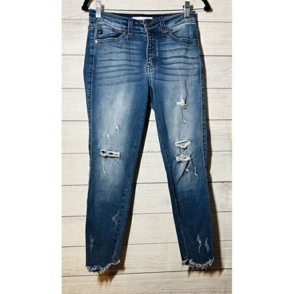 KanCan Jeans Women's 5/26 Skinny Ankle Blue Denim Distress Raw Hem Pants 26×24
